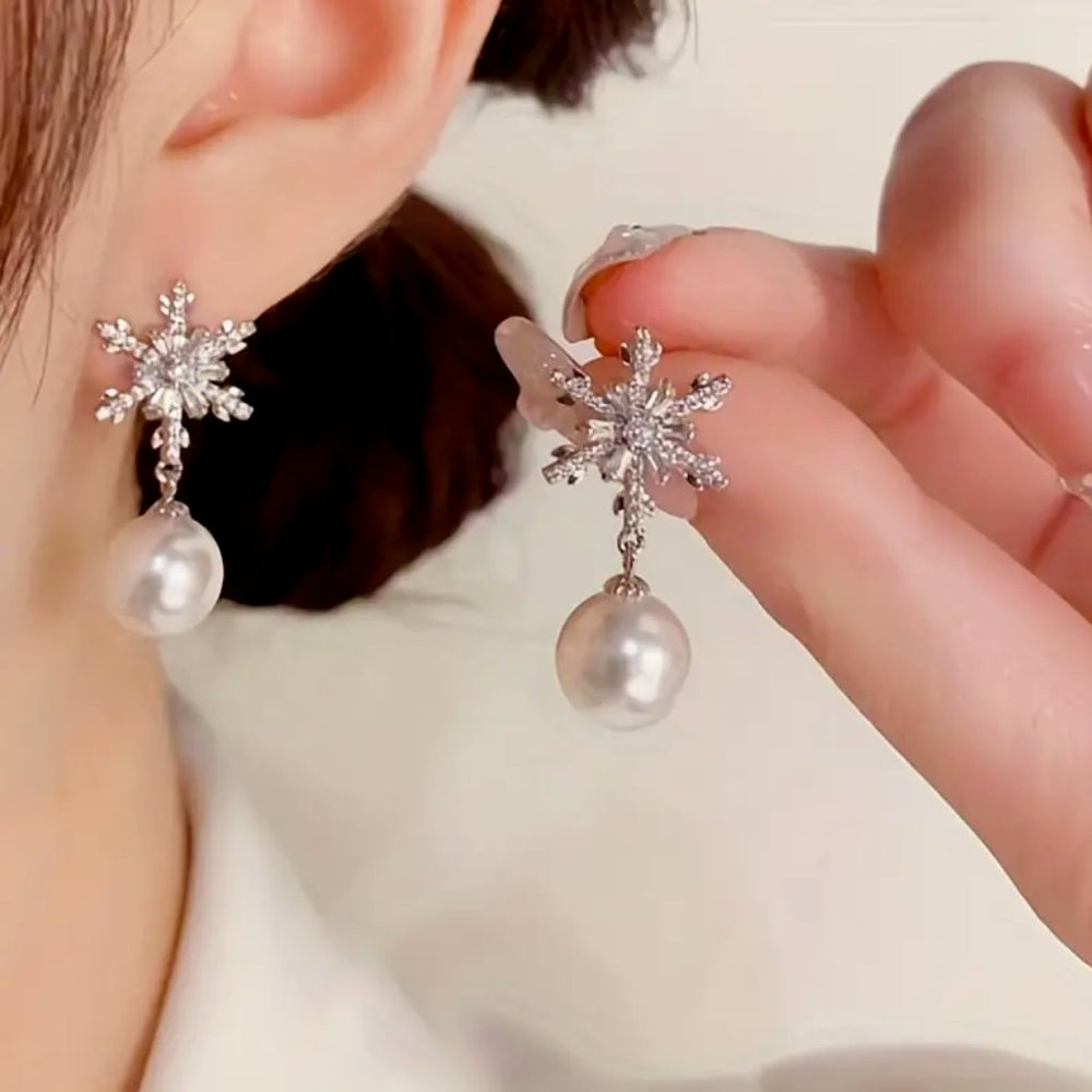 Delicate Pearl Design With Inlaid Zircon • Snowflake Earrings